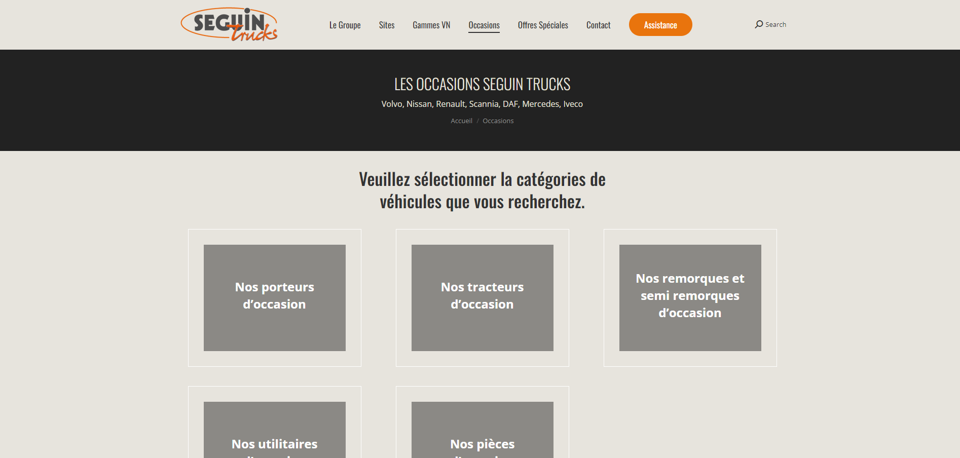 Page d'occasions du site Seguin Trucks